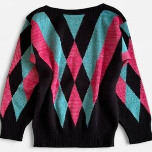 Vintage Clifton Place Black Pink Turquoise Boatneck Retro Geometric 80s Sweater